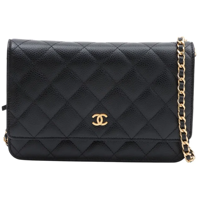 Chanel Around 2018 CC Mark Plate Chain Wallet Black in Black Caviar leather from VINTAGE QOO TOKYO