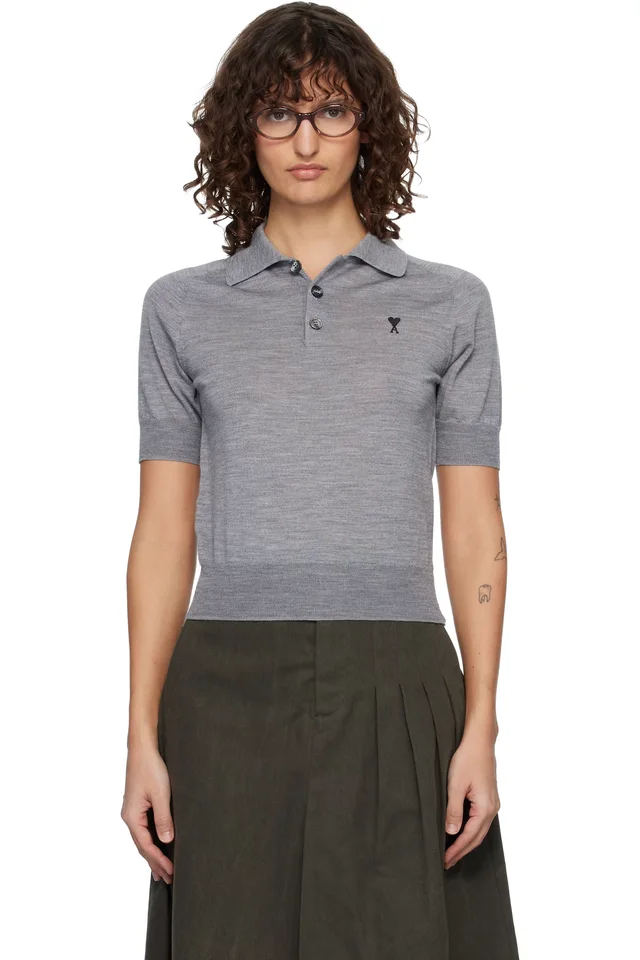 AMI Paris Gray Wool Short Sleeves Ami De Coeur Polo, image 1 of 1 from SSENSE