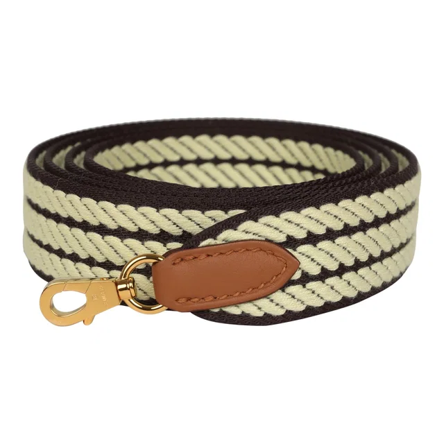 Hermès Sangle Bag Strap 50MM Prunoir, Jaune Milton, Gold Cordage Canvas and Swift Gold Hardware in Yellow Swift leather from Madison Avenue Couture
