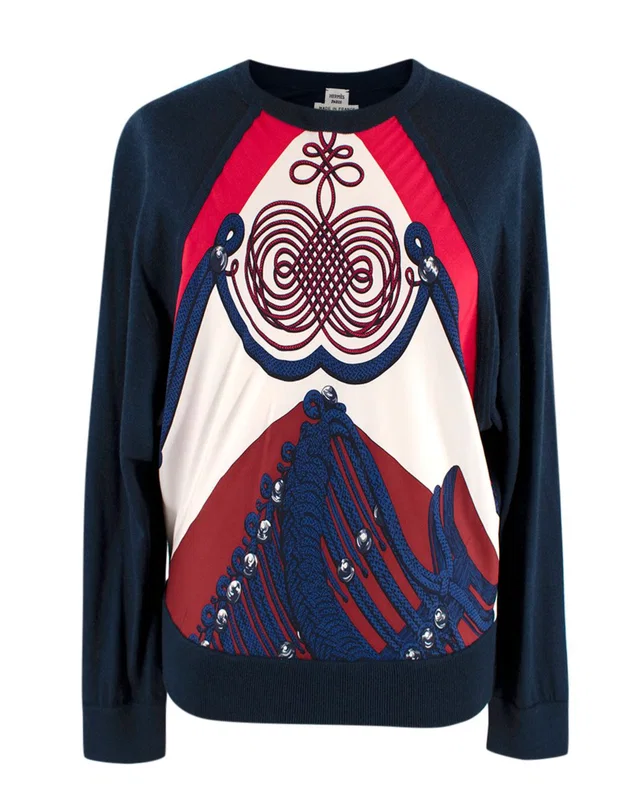 Hermès Navy Patterned Cashmere & Silk Jumper in Navy Silk from HEWI