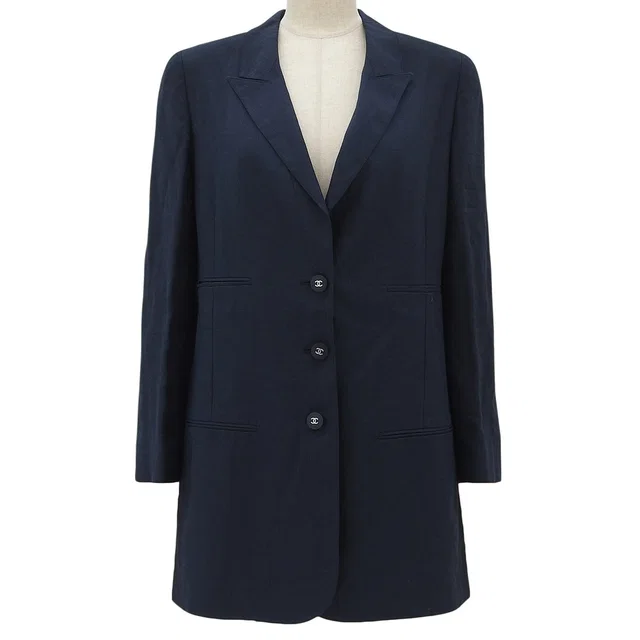 Chanel 1996 Linen CC Mark Logo Button Jacket #36 Navy in Navy from VINTAGE QOO TOKYO