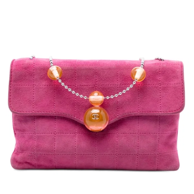 Pink Chanel CC Choco Bar Suede Beaded Chain Flap Shoulder Bag in Pink Suede from Designer Revival