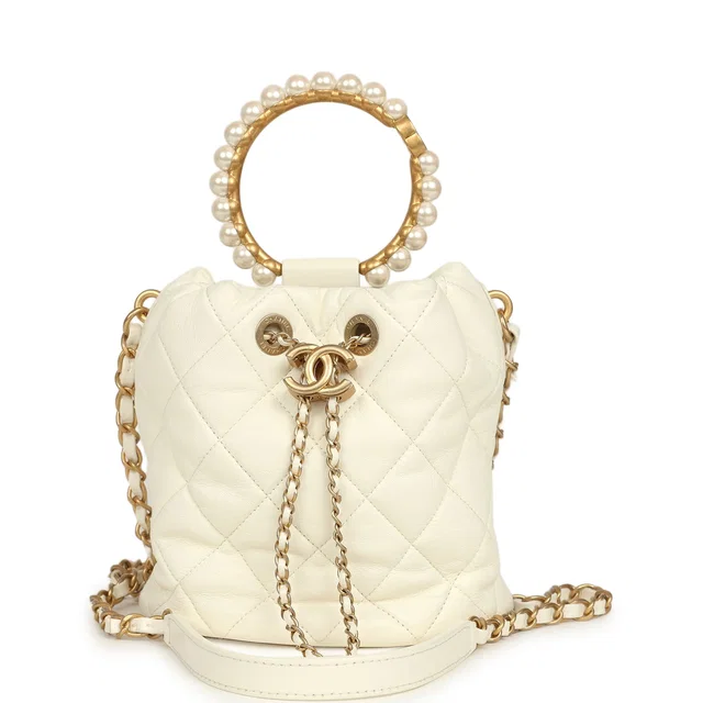 Chanel Mini Pearl Top Handle Bucket Bag White Calfskin Antique Gold Hardware in White Calfskin from Madison Avenue Couture