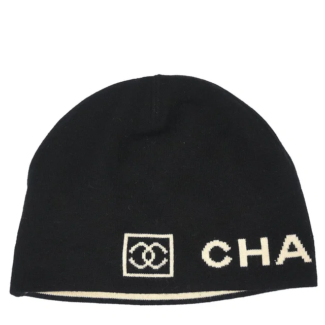 Chanel Sport Line Black Hat #One Size Small Good in Black Wool from AMORE Vintage Tokyo