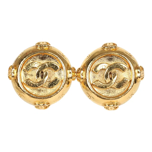 Chanel Vintage Small Round Border CC Clip On Earrings Gold Plated Hardware in Gold from Madison Avenue Couture