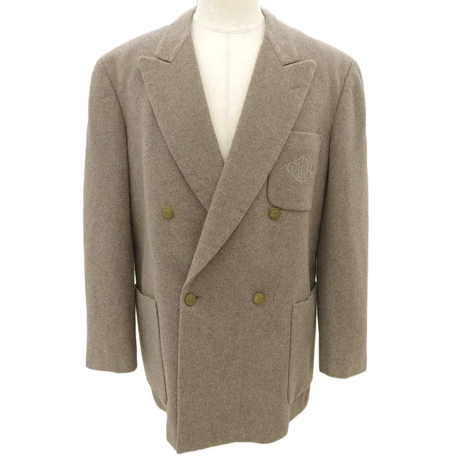 Dior Logo Emblem Embroidered Double Breasted Jacket #L Greige in Taupe Wool from VINTAGE QOO TOKYO