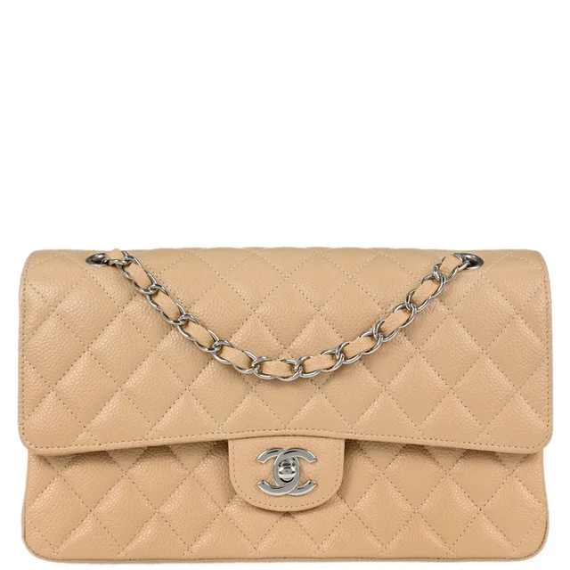 Chanel 2018 Beige Caviar Skin Medium Classic Double Flap Shoulder Bag in Beige Caviar leather from AMORE Vintage Tokyo
