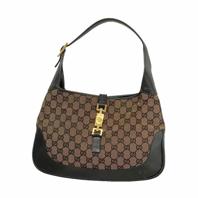 Gucci Shoulder Bag GG Canvas Jackie Brown Black Gold in Black Canvas from The Reluxe