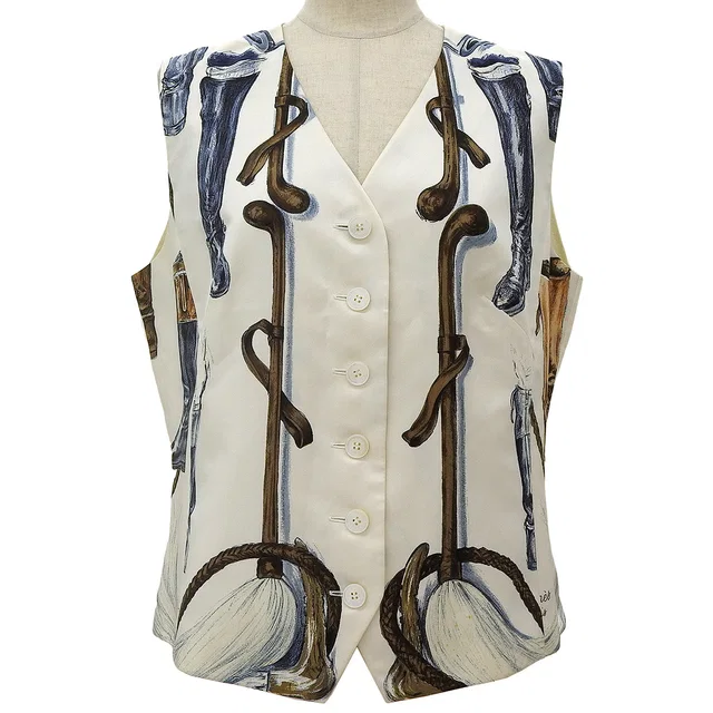 Hermès Silk Boot Motif Vest #42 White/Multi in White Silk from VINTAGE QOO TOKYO