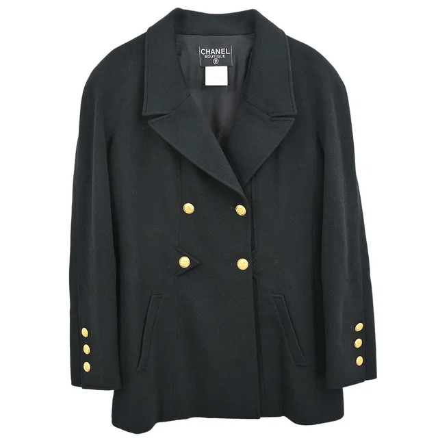 Chanel 1996 Double Breasted Jacket Black #42 in Black Cashmere from AMORE Vintage Tokyo