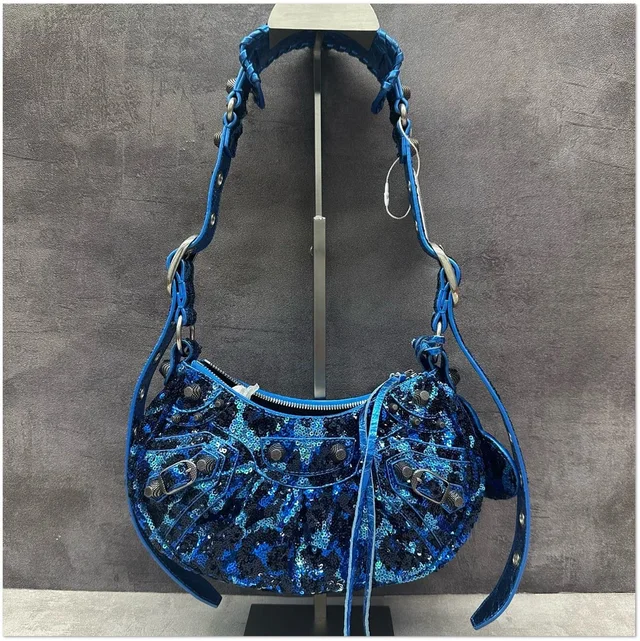 Balenciaga Sequin Embellished Le Cagole Shoulder Bag in Blue from Luxury Promise