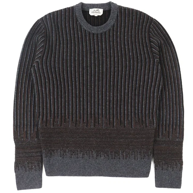 Hermès Wool Cashmere Striped Long Sleeve Knit Sweater Gray Brown Black M Made in Black Cashmere from The Reluxe