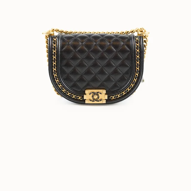 Chanel Half Moon Boy Bag Shiny Caviar Black (microchip) in Black Caviar leather from The Purse Affair