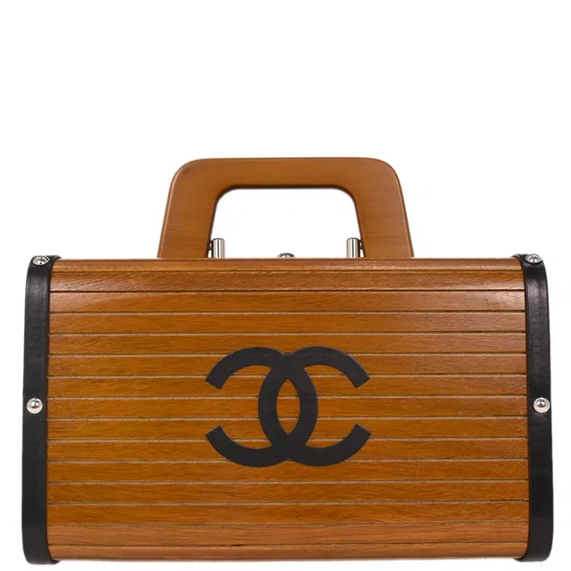 Chanel 1994-1996 Brown Black Wood Vanity Handbag Box in Black Leather from AMORE Vintage Tokyo