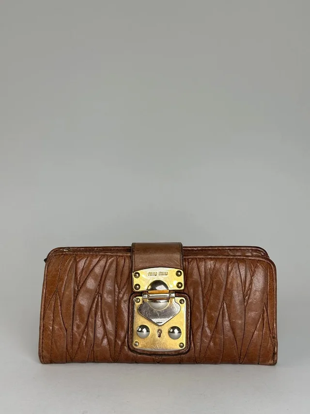 Miu Miu Vintage Matelasse Leather Long Wallet Cognac Brown in red|brown Leather from Grailed