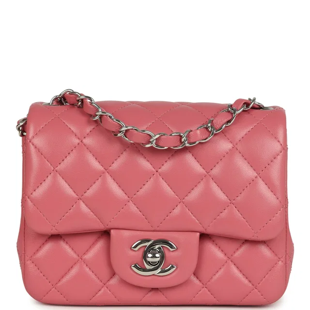 Chanel Mini Classic Square Flap Bag Pink Lambskin Silver Hardware in Pink Lambskin from Madison Avenue Couture