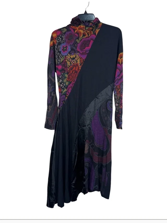 Etro Mixed Print Asymmetrical Midi Dress Womens L Luxury Wool Blend in black|purple Wool from Poshmark