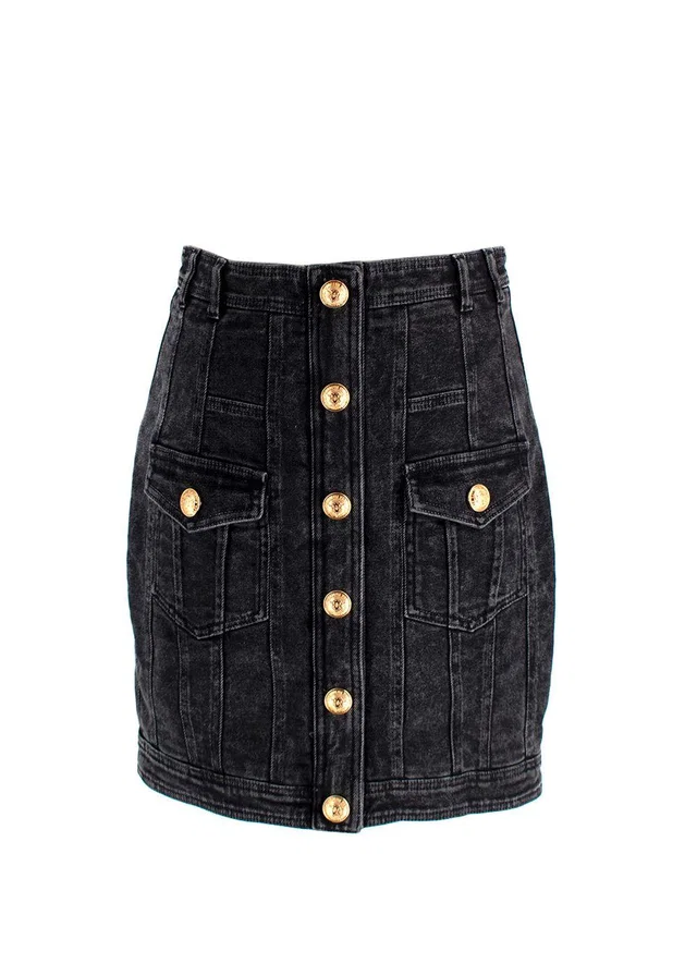 Balmain Black Denim Skirt with Gold Button Detail in Black Denim from HEWI