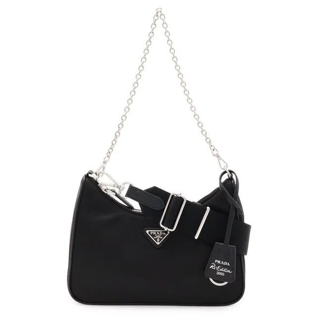 Prada Triangle Logo Re Edition Chain 2-Way Shoulder Bag Nylon Nero Black Pouch in Black Nylon from The Reluxe