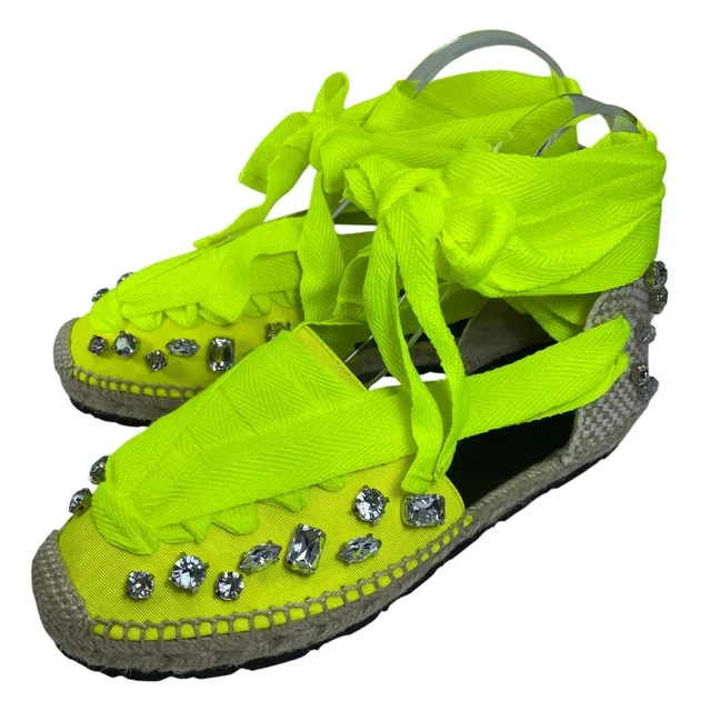 Loewe Paula S Ibiza Ribbon Espadrilles Sandals Bijou Neon Yellow Gorgeous Resort in Yellow from The Reluxe