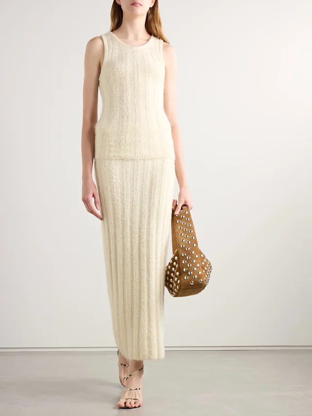 KHAITE Claire ribbed brushed silk and cashmere-blend midi skirt in Beige, photo 2 of 2 from NET-A-PORTER (Canada)