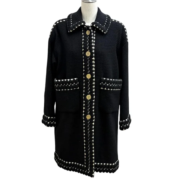 Chanel 91A Vintage Wool CC Logo Gold Button Lining Gripoix Print Tweed Coat in Gold Tweed from The Reluxe