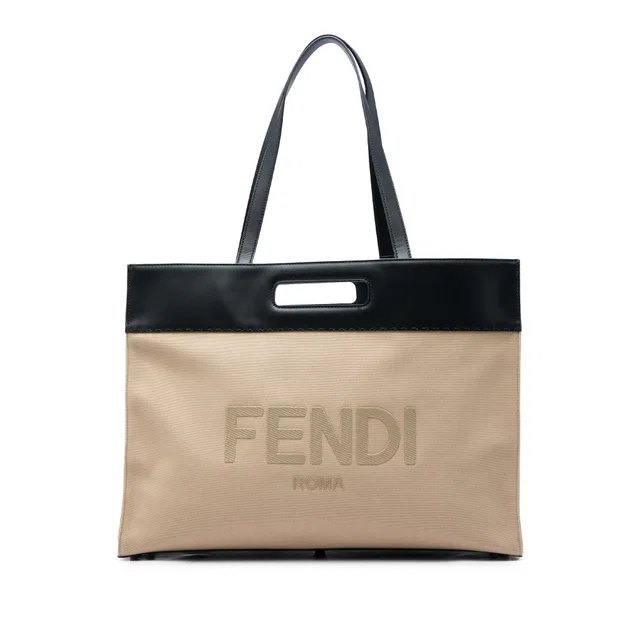 Beige Fendi Canvas Logo Cut Out Handle Shopper Tote Satchel in Beige Canvas from Designer Revival