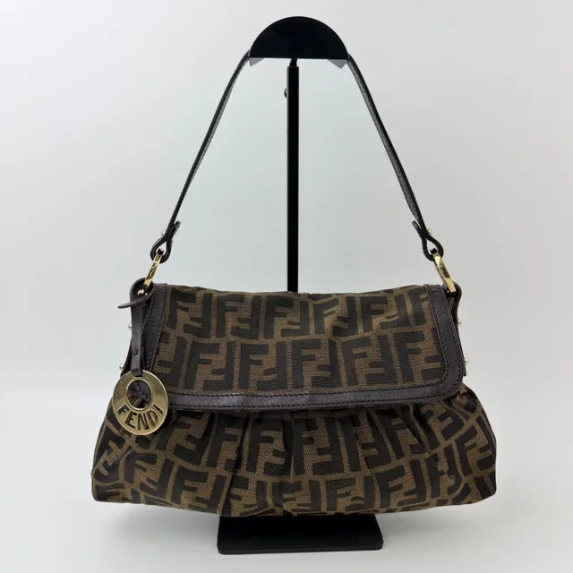 Fendi Zucca Chef Flap Shoulder Bag Canvas Brown Dark Gold Vintage in Brown Canvas from The Reluxe