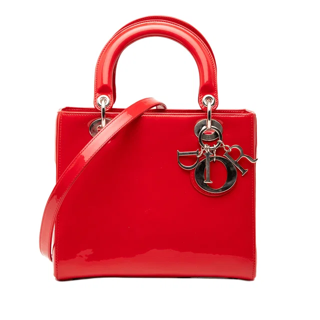 Red Dior Medium Patent Lady Dior Satchel in Red Patent leather from Designer Revival