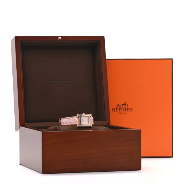 Hermès 18K Rose Gold Alligator Diamond Bezel Rose Opal 17.2mm Heure H Hour Quartz Watch Rose Pale in Pink Crocodile from FASHIONPHILE, photo 5 of 5