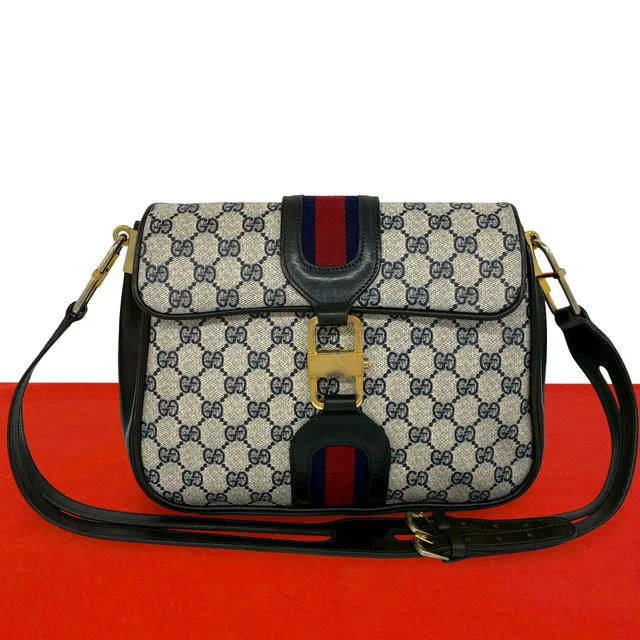 Gucci Vintage Sherry Line GG Logo Pattern Leather Shoulder Bag Pochette Navy in Navy Leather from The Reluxe