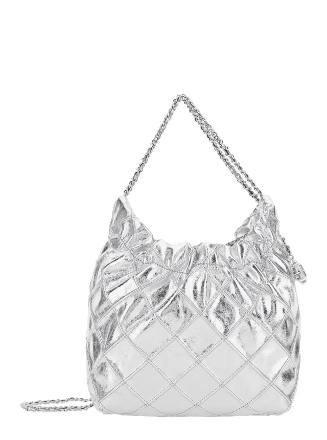 Shoulder Bag 'Fleming Mini' with Chain Strap and Metallic Logo Pendant in Silver for Women, image 1 of 1 from Gaudenzi Boutique
