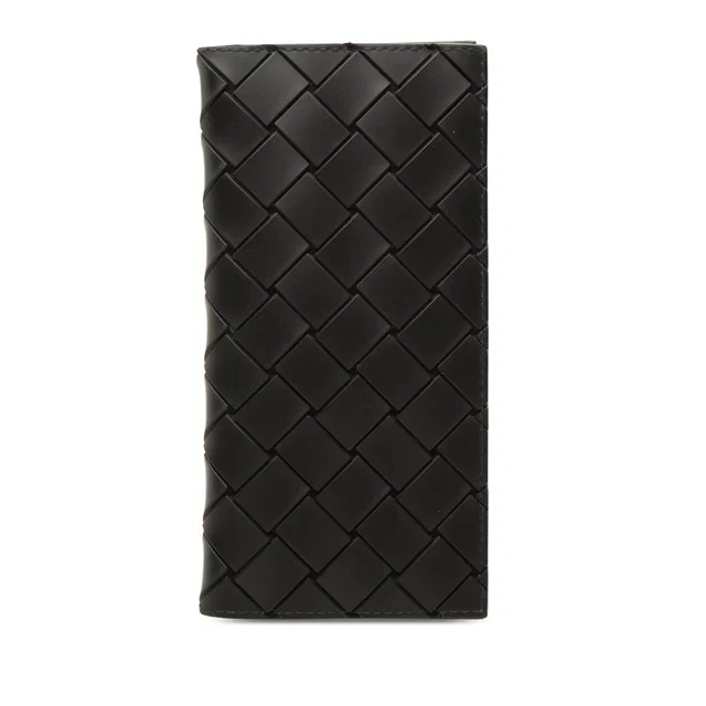 Black Bottega Veneta Calfskin Intrecciato Bifold Long Wallet in Black Calfskin from Designer Revival