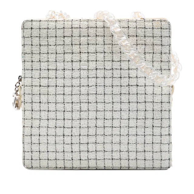 White Chanel Tweed and Resin Zipped Shopping Bag in White Tweed from Designer Revival