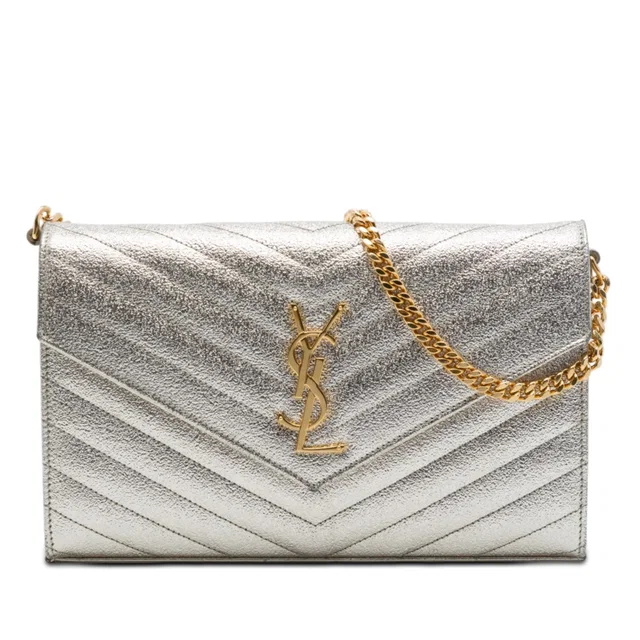Gold Saint Laurent Metallic Grain De Poudre Matelasse Chevron Monogram Chain Wallet Crossbody… in Gold Leather from Designer Revival