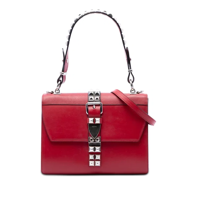 Red Prada City Calf and Saffiano Studded Elektra Satchel in Red Saffiano leather from Designer Revival