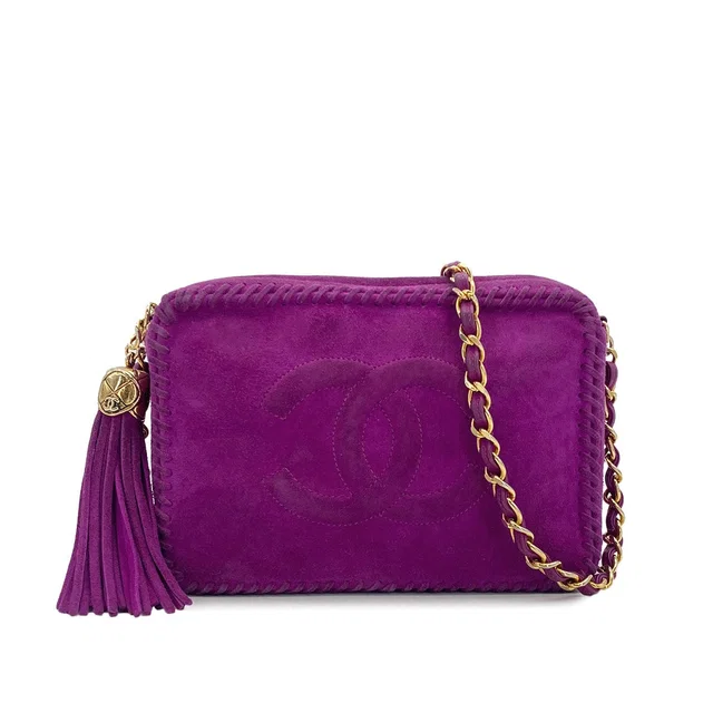 Chanel Vintage Cocomark Fringe Chain Shuolder Bag Purple Suede Gold Hardware in Purple Suede from Luxury Promise