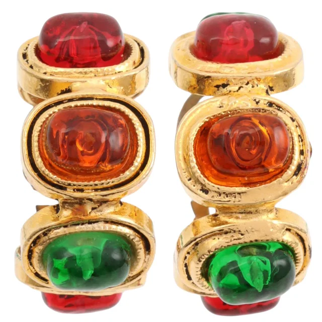 Chanel Gri Poa Hoop Earrings Gold/Red/Green from VINTAGE QOO TOKYO