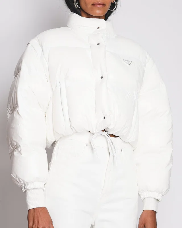 Prada White Re-Nylon Cropped Down Jacket with Triangle Logo Plaque and Drawstring Detail Size IT 38… in White Nylon from Sellier