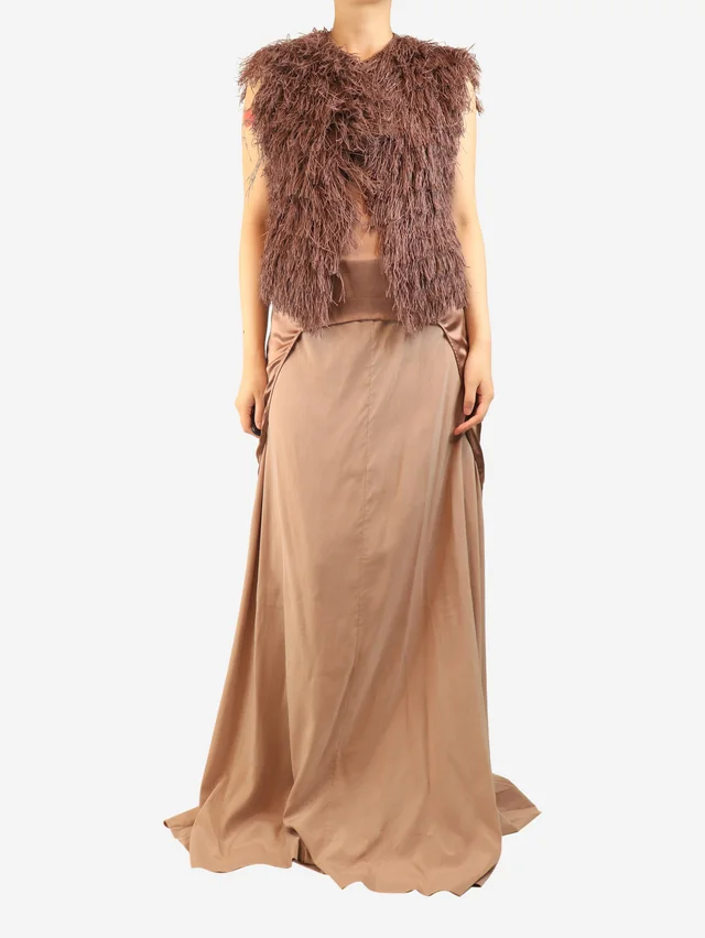 Brunello Cucinelli Brown silk long-back top and fringed gilet set - size S in Brown Silk from Sign of the Times