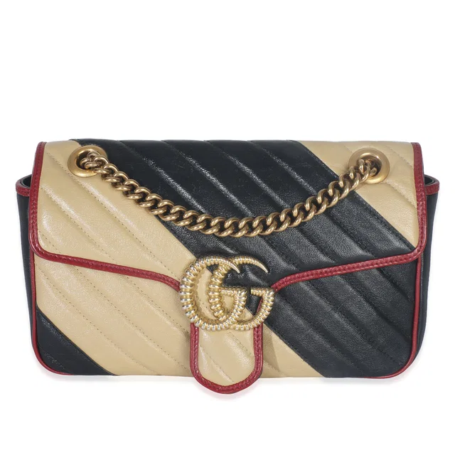 Gucci Black Beige Matelasse Calfskin Torchon Small Marmont Shoulder Bag in Black Calfskin from myGemma
