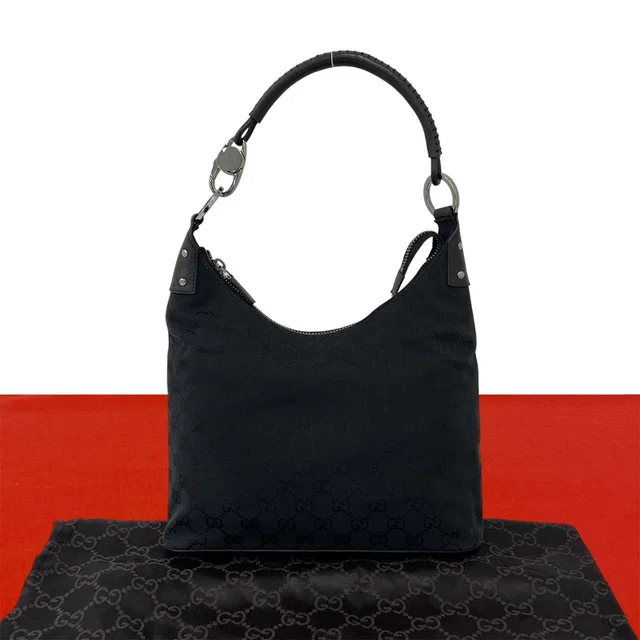Gucci GG Pattern Logo Canvas Leather Shoulder Bag Tote Black in Black Canvas from The Reluxe