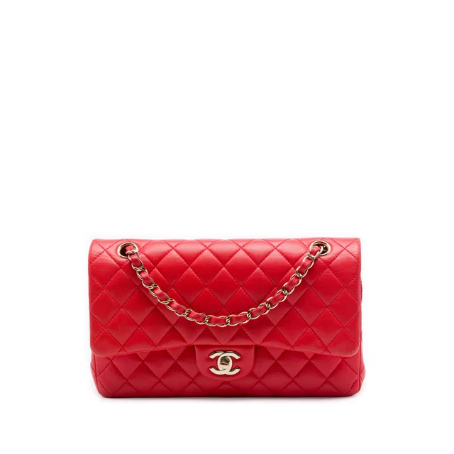 Red Chanel Medium Classic Lambskin Double Flap Shoulder Bag in Red Lambskin from Designer Revival