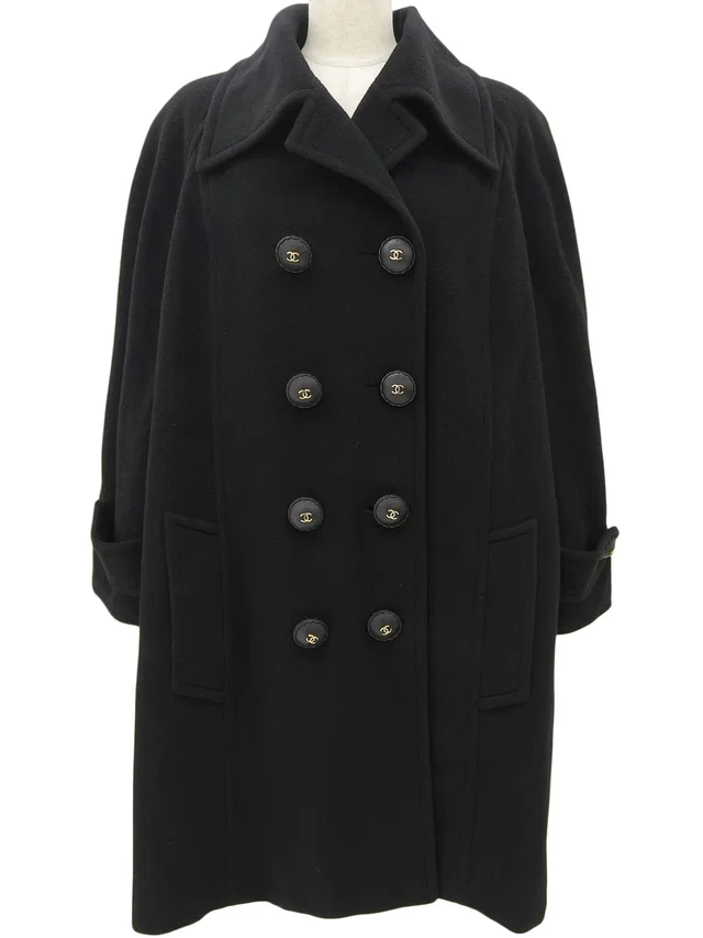 Chanel カシミアCCマークボタンロングコート #42 ブラック from VINTAGE QOO TOKYO
