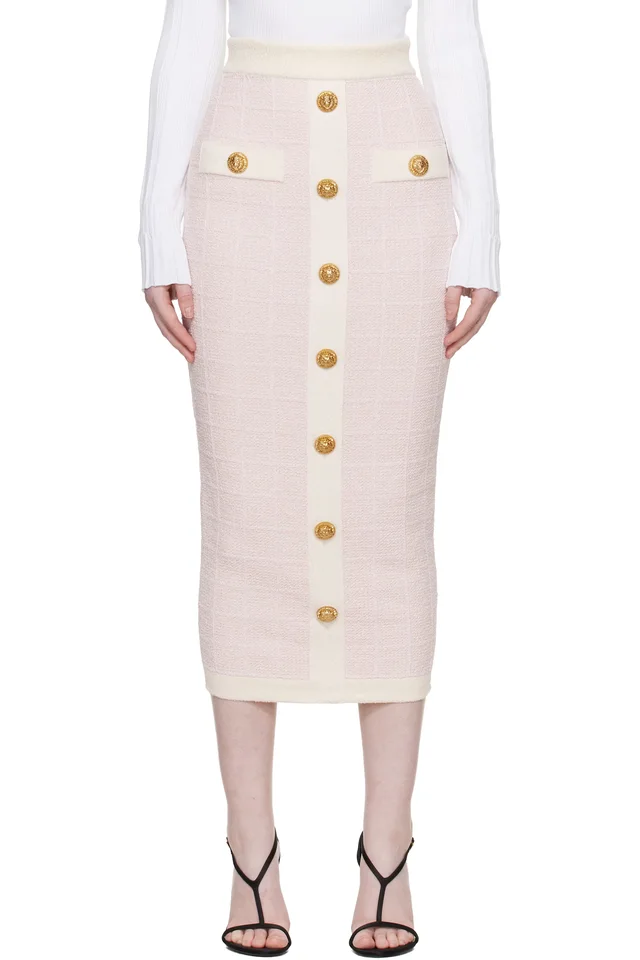 Pink Buttoned Knit Light Tweed Maxi Skirt, image 1 of 1 from SSENSE