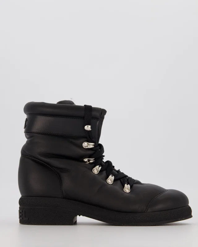 Chanel Black Leather Coco Neige Snow Boots with Logo Embossed Platform Size EU 37.5C in Black Leather from Sellier