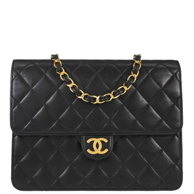 Chanel 1997-1999 Black Lambskin Pushlock Small Half Flap Shoulder Bag in Black Lambskin from AMORE Vintage Tokyo
