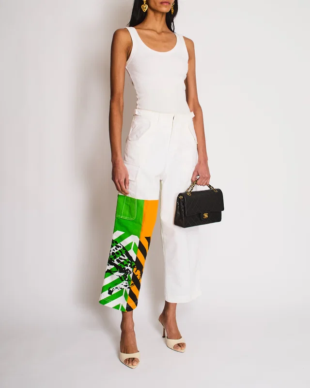 Dior SS22 White Cargo Pants with Green, Orange and Cheetah Print Details Size FR 34 (UK 6) in White from Sellier