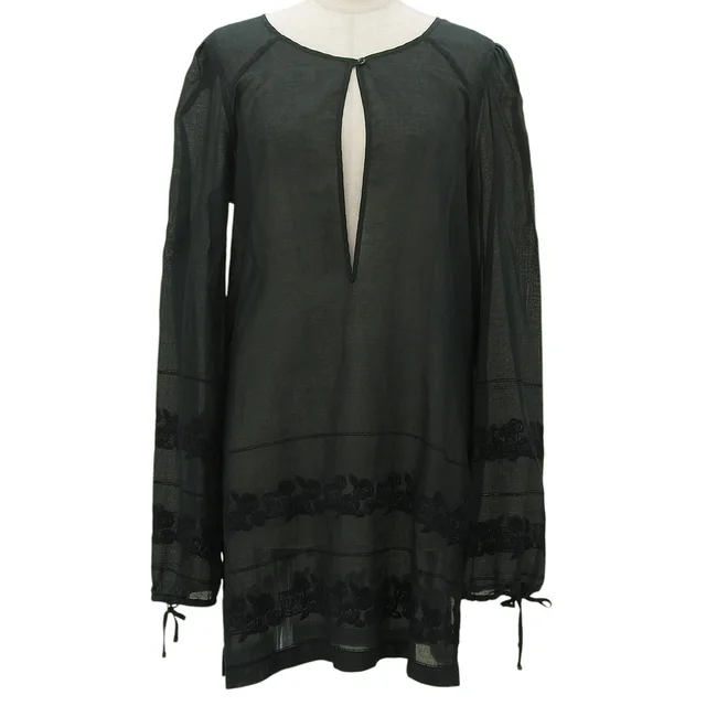 Chanel 2007 Camellia CC Mark embroidery sheer long-sleeve top #40 Dark Green from VINTAGE QOO TOKYO