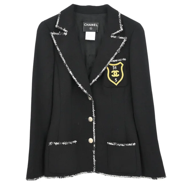 Chanel 2005 Single Breasted Emblem Jacket Black #36 in Black Wool from AMORE Vintage Tokyo